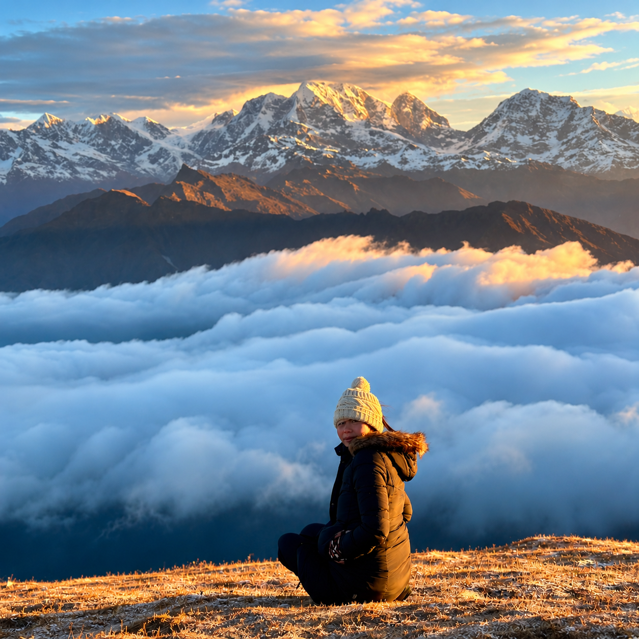 Seorang trekker menikmati panorama pegunungan Himalaya dan lautan awan selama perjalanan Pikey Peak di Nepal.